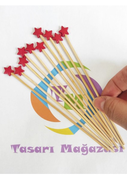 15 cm uzun kürdan - 30 adet dekoratif kırmızı yıldız boncuklu kokteyl karıştırıcı - yıldız 10 mm