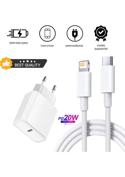 iPhone Tüm Serilere Uyumlu 20W Hızlı Şarj Seti Adaptör ve Type C Kablosu 7 8 x 11 12 13 14 Plus Pro