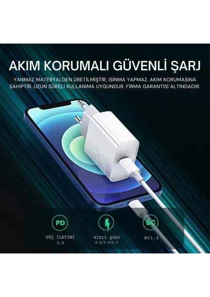 iPhone Tüm Serilere Uyumlu 20W Hızlı Şarj Seti Adaptör ve Type C Kablosu 7 8 x 11 12 13 14 Plus Pro
