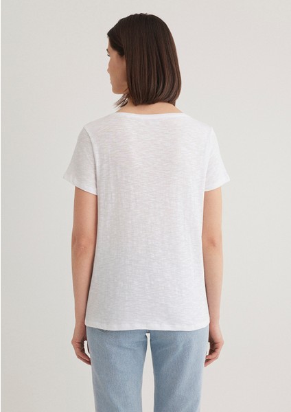 V Yaka Flamlı Beyaz Basic Tişört 168260-620
