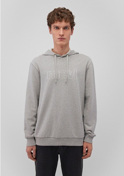 Mavi Logo Baskılı Kapüşonlu Gri Sweatshirt 065606-28387