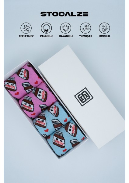 Pamuklu Kadın Soket Çorap. Pembe ve Mavi Renkli Kalp ve Nutella Desenli 4'lü Kutulu Desenli Çorap Seti