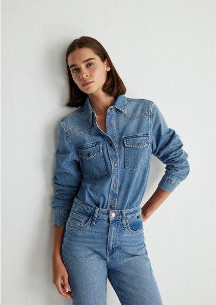 Angela Classic Denim Puslu Indigo Mavi Jean Gömlek 1210819-87754