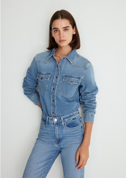Angela Classic Denim Puslu Indigo Mavi Jean Gömlek 1210819-87754