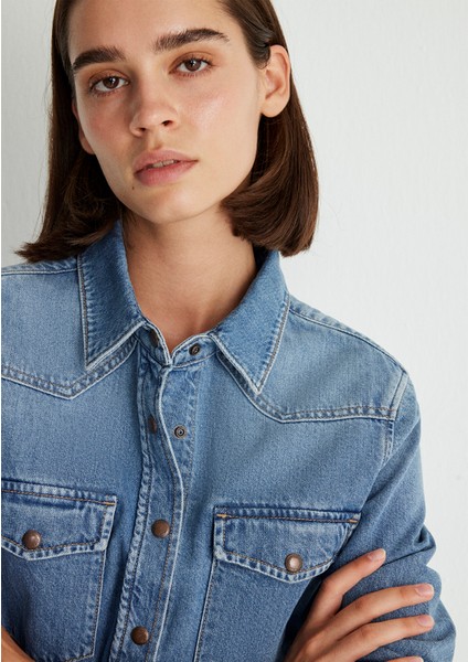Angela Classic Denim Puslu Indigo Mavi Jean Gömlek 1210819-87754
