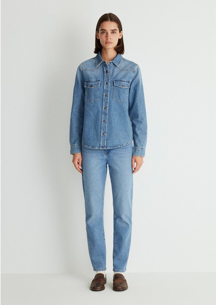 Angela Classic Denim Puslu Indigo Mavi Jean Gömlek 1210819-87754