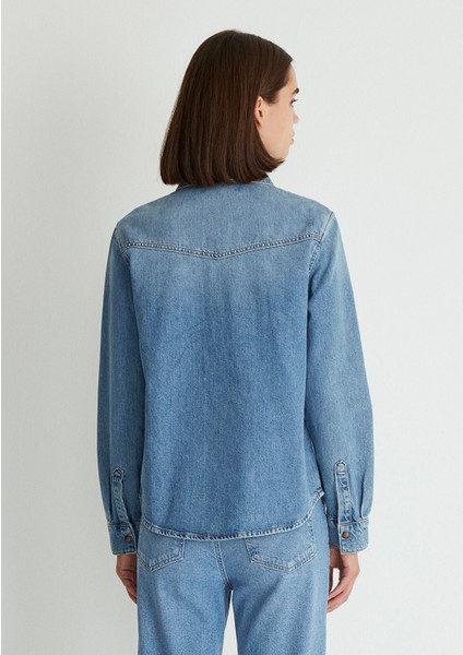 Angela Classic Denim Puslu Indigo Mavi Jean Gömlek 1210819-87754