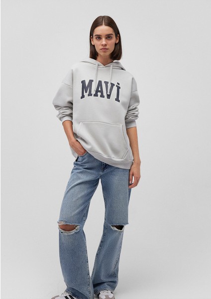 Logo Baskılı Kapüşonlu Gri Sweatshirt 1600361-34322