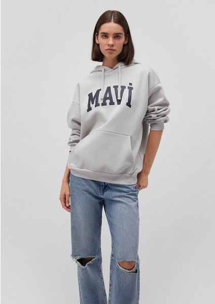 Logo Baskılı Kapüşonlu Gri Sweatshirt 1600361-34322