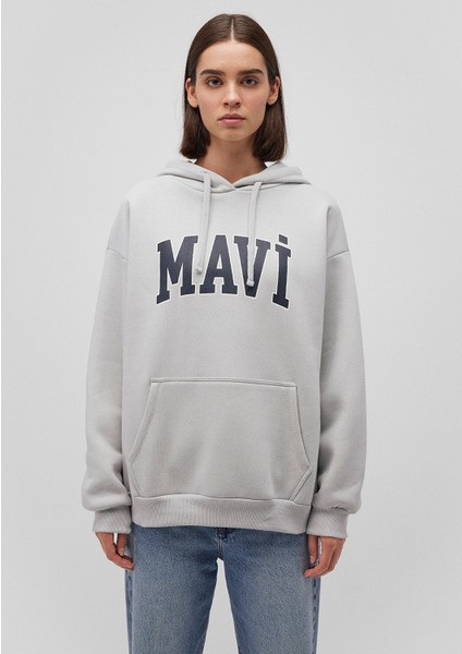 Logo Baskılı Kapüşonlu Gri Sweatshirt 1600361-34322