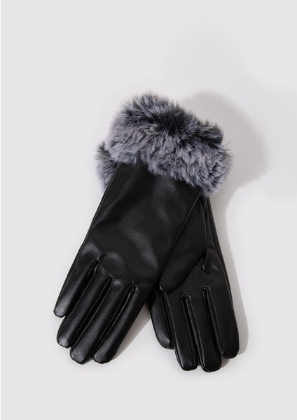 Suni Kürk Detaylı Siyah Suni Deri Eldiven 1910652-900