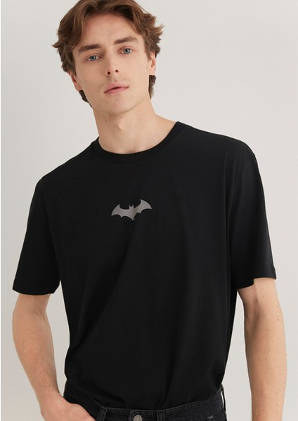 Erkek Batman Baskılı Reflektör Detaylı Siyah Tişört 066878-900