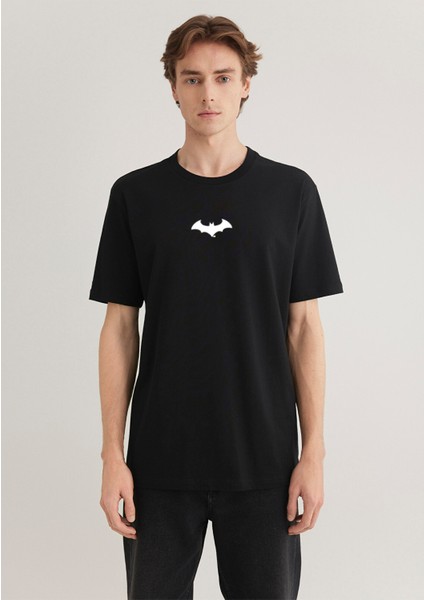 Erkek Batman Baskılı Reflektör Detaylı Siyah Tişört 066878-900