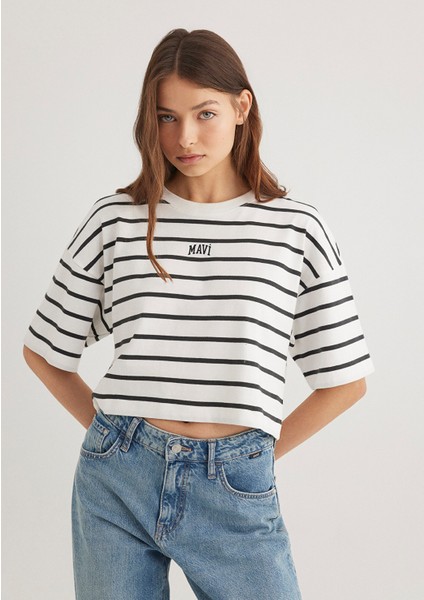 Mavi Logo Baskılı Siyah Çizgili Crop Tişört 1612227-86678 fiyatları