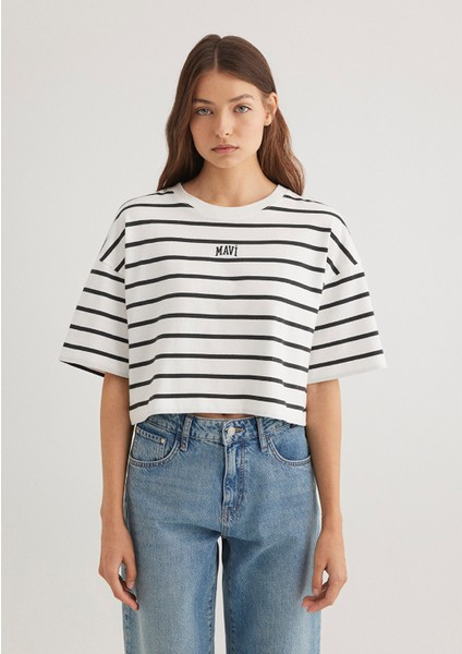 Mavi Logo Baskılı Siyah Çizgili Crop Tişört 1612227-86678 modelleri