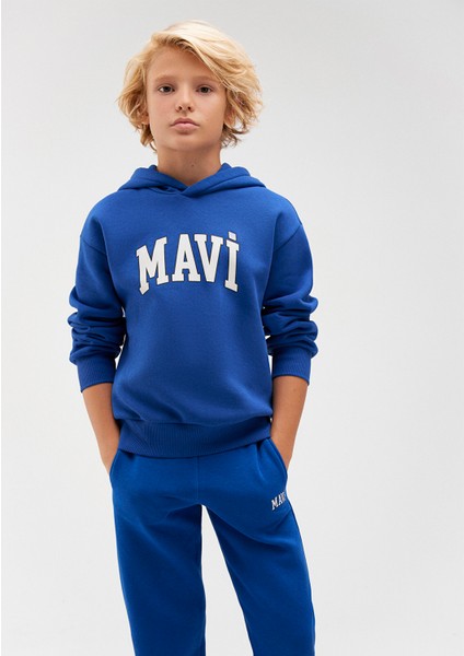 Logo Baskılı Mavi Kapüşonlu Sweatshirt 6610110-70896