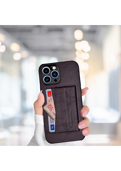İPHONE 13 PRO MAX KARTLIKLI STANDLI LÜX DERİ KILIF MOR