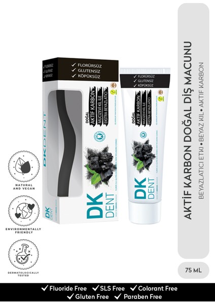 DKDENT Vegan Aktif Karbonlu Florürsüz Diş Macunu 75 ml Diş Fırçası Hediyeli