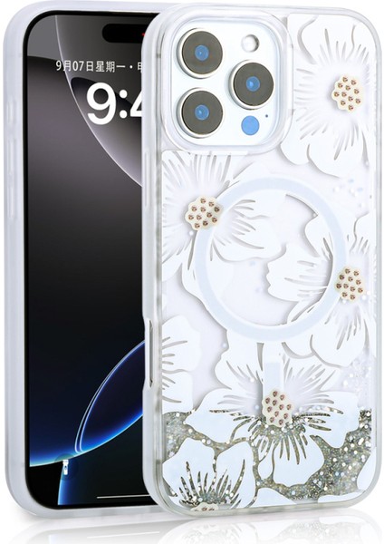 iPhone 14 Pro Max Kılıf Çiçek Baskılı İçi Sıvı Simli Mossa Premium Silikon Kapak