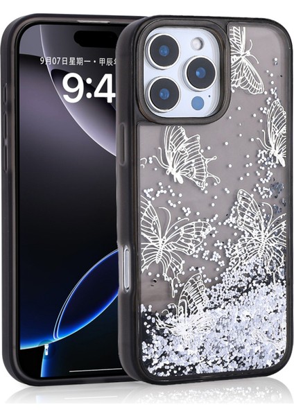 Apple iPhone 15 Pro Max Kılıf Sıvı Simli ve Kelebek Baskı Desenli Şeffaf Glis Premium Silikon Kapak