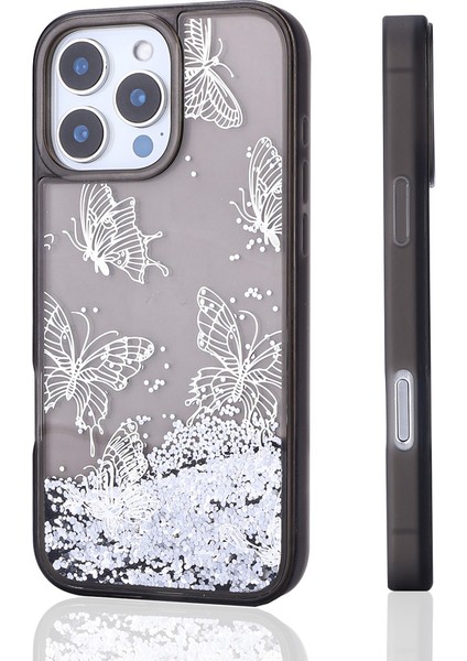 Apple iPhone 15 Pro Max Kılıf Sıvı Simli ve Kelebek Baskı Desenli Şeffaf Glis Premium Silikon Kapak