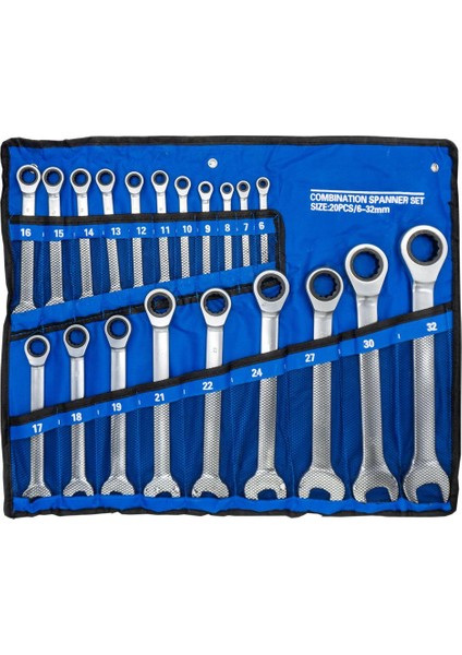 6276 Cırcır Kombine Anahtar Takımı 6-32 mm 20 Parça (Bez Çantalı)