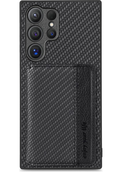 Samsung Galaxy S25 Ultra Rfıd Engelleme Karbon Fiber Deri Telefon Arka Kapak ile Kart Tutucu (Yurt Dışından)