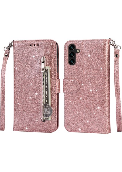 Samsung Galaxy S25 Standlı Kılıf Glitter Telefon Deri Kapak Fermuarlı Cebi (Yurt Dışından)