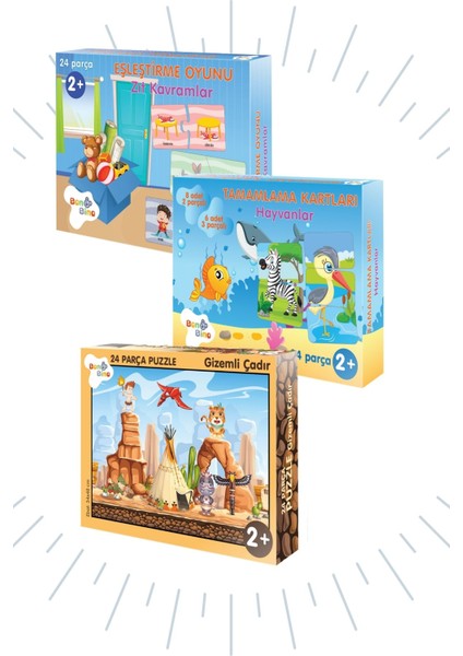 3 Lü Set 2+Yaş Eşleştirme Oyunu, Tamamlama Kartları ve 24 Parça Puzzle