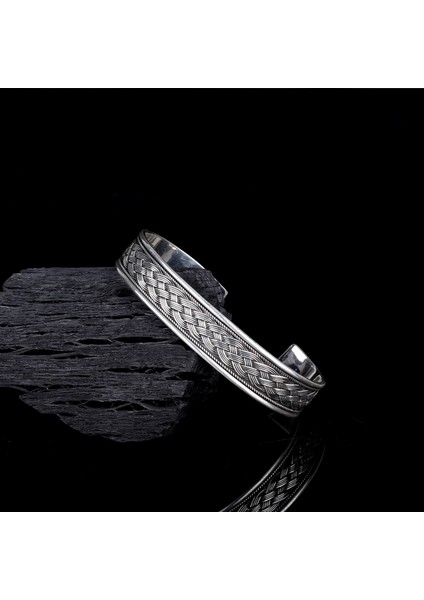 925 AyarGümüş Örgü Motifli Erkek Kelepçe Bileklik Modeli