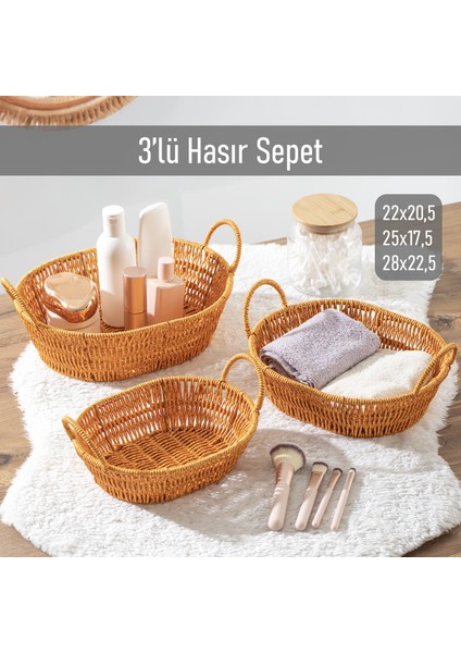 Oval 3'lü Dekoratif Ev Banyo Mutfak Düzenleyici Hasır Sepet Seti Ekmeklik Takımı