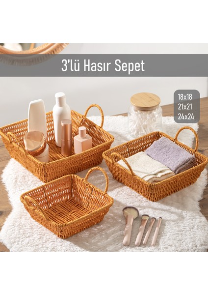 Kare 3'lü Dekoratif Ev Banyo Mutfak Düzenleyici Hasır Sepet Seti Ekmeklik Takımı