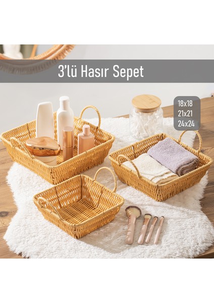 Kare 3'lü Dekoratif Ev Banyo Mutfak Düzenleyici Hasır Sepet Seti Ekmeklik Takımı