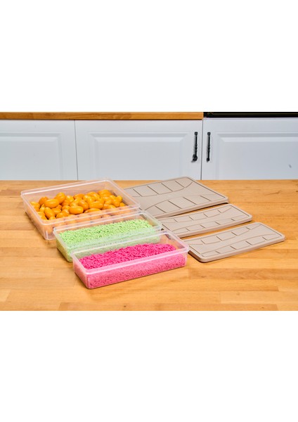 Saklama Kabı Soft Kapak 3 Lü Set ( 2 Adt 1.1 Lt ) + ( 1 Adt 3 Lt ) Bej Dondurucu Kabı