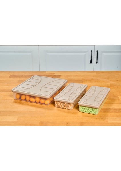 Saklama Kabı Soft Kapak 3 Lü Set ( 2 Adt 1.1 Lt ) + ( 1 Adt 3 Lt ) Bej Dondurucu Kabı