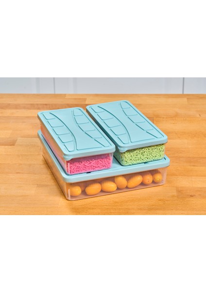 Saklama Kabı Soft Kapak 3 Lü Set ( 2 Adt 1.1 Lt ) + ( 1 Adt 3 Lt ) Su Yeşili Dondurucu Kabı