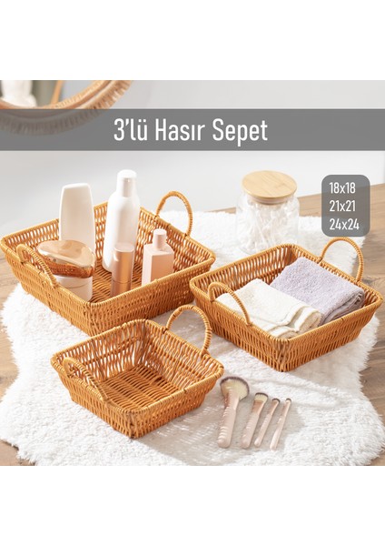 Kare 3'lü Dekoratif Ev Banyo Mutfak Düzenleyici Hasır Sepet Seti Ekmeklik Takımı