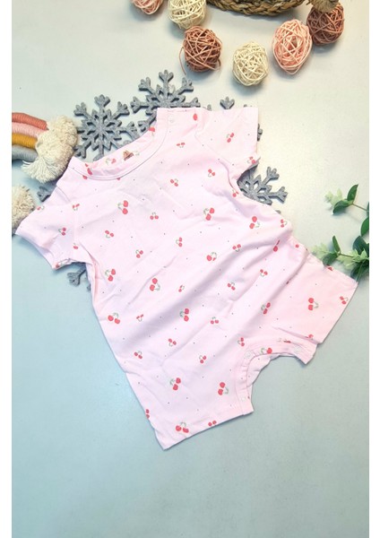 Kısa Paça Yazlık Gündelik Bebek Çıtçıtlı Zıbın Pamuk Toz Pembe Kirazlı