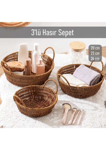 Yuvarlak 3'lü Dekoratif Ev Banyo Mutfak Düzenleyici Hasır Sepet Seti Ekmeklik Takımı