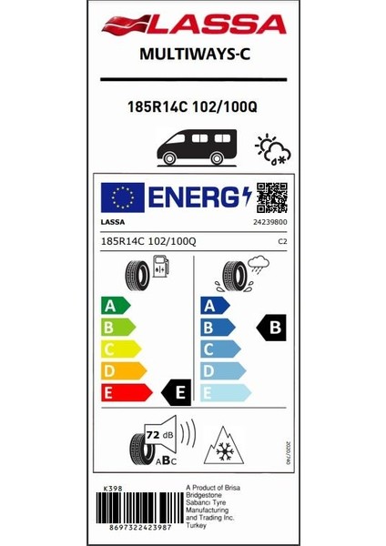 185 R14 C 8pr 102/100Q Multıways-C M+S Oto 4 Mevsim Lastiği Hafif Ticari Oto Lastiği (Üretim Yılı:2025)