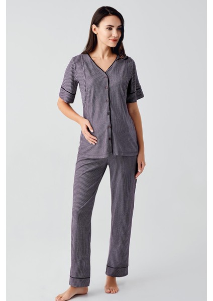 Düğmeli Kısa Kollu Esnek Viskoz Hamile Pijama Takımı 14209