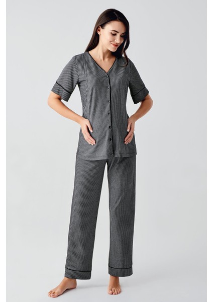 Düğmeli Kısa Kollu Esnek Viskoz Hamile Pijama Takımı 14209