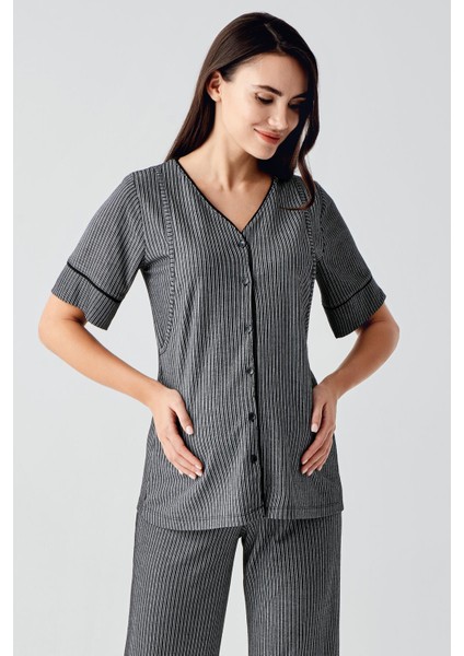 Düğmeli Kısa Kollu Esnek Viskoz Hamile Pijama Takımı 14209 modelleri
