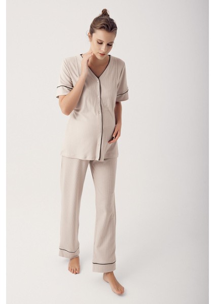 Düğmeli Kısa Kollu Esnek Viskoz Hamile Pijama Takımı 14209