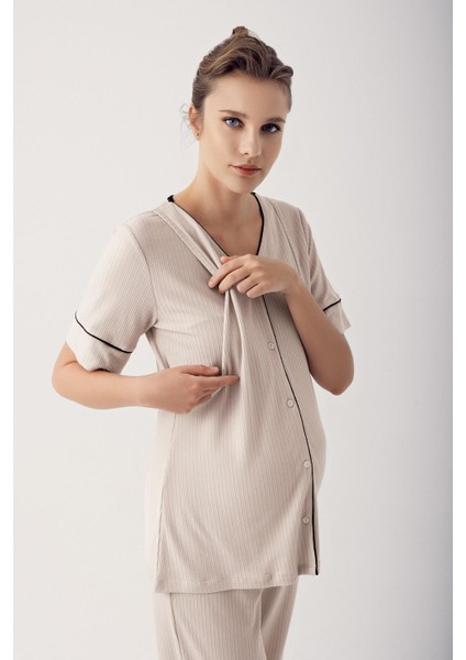 Düğmeli Kısa Kollu Esnek Viskoz Hamile Pijama Takımı 14209 fiyatları