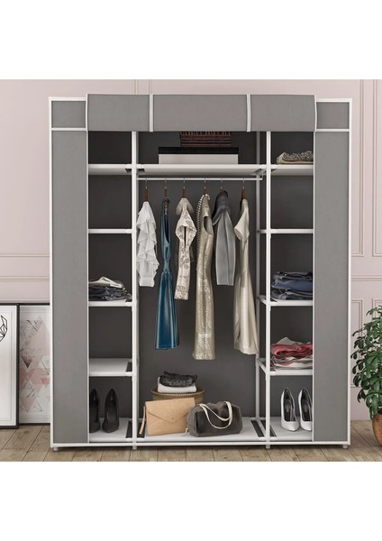 Bez Dolap Plastik Profilli 12 Raf 60 cm Askı Portatif Dolap Gri