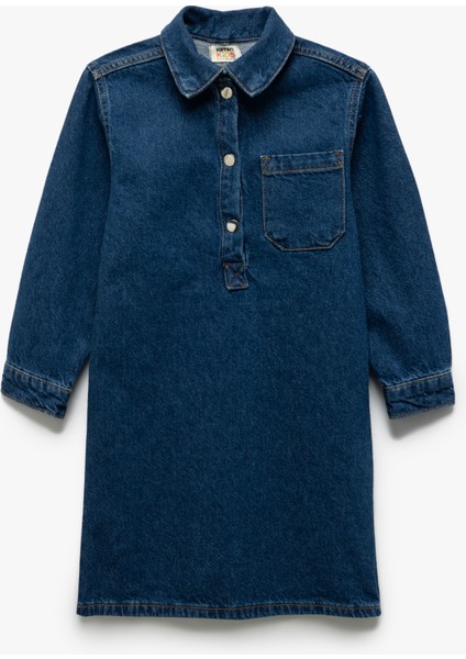 Pamuklu Cep Detaylı Oversize Denim Gömlek Yaka Elbise