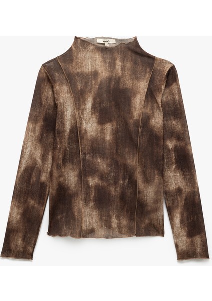 Batik Desenli Uzun Kollu Dik Yaka Slim Fit Tişört