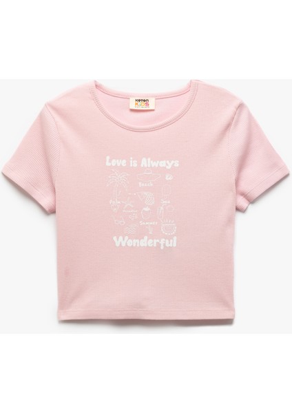 Pamuklu Baskılı Bisiklet Yaka Kısa Kollu Crop Tişört