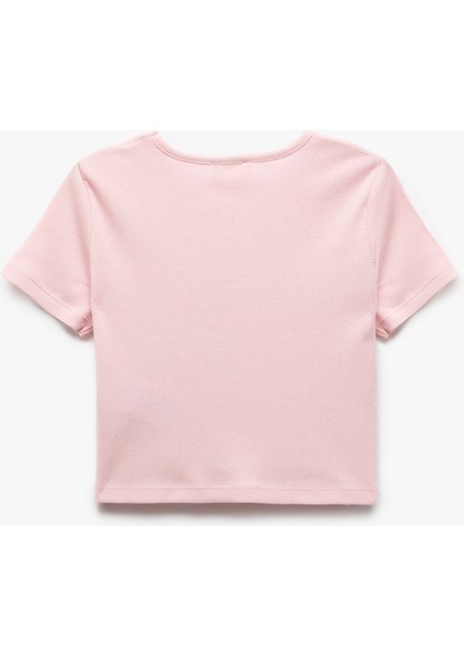 Pamuklu Baskılı Bisiklet Yaka Kısa Kollu Crop Tişört fiyatları